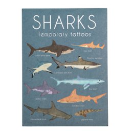 Temporary tattoos featuring various shark species, including great white, hammerhead, and whale sharks. The tattoos are colorful and detailed, showcasing the unique features and diversity of these marine predators.