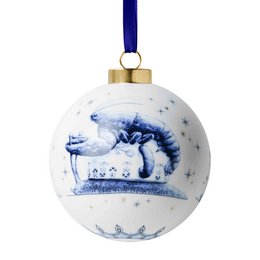  White ceramic round Christmas ornament with blue crab illustration and navy ribbon hanger