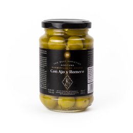 Green olives with rosemary and garlic, preserved in olive oil. Savory and flavorful, perfect for snacking or adding to dishes.