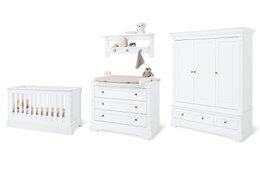 White wooden nursery furniture set including crib, changing unit, wardrobe, and wall shelf. Suitable for a baby's room.