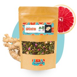 Super Detox - Grapefruit Ginger Herbal Tea, a tea blend with grapefruit, ginger, and other herbs, available in 1kg bulk, 60g pouches, and 20 sachets of 2g each.