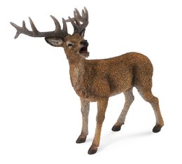 A realistic figurine of a deer with large antlers, made of brown and tan materials. The deer has a detailed, lifelike appearance.