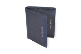 Navy blue saffiano leather card case with two card slots and a center compartment.