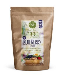 Vegan protein powder with blueberry flavor, made with natural ingredients and no artificial additives. Contains 20g of plant-based protein per serving.