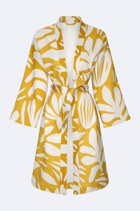 Yellow and white kimono - 100% cotton with contemporary pattern in warm yellow and off white, can be used as a bathrobe, homerobe or jacket