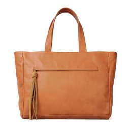 Tan leather tote bag with tassel detail and zipper pocket, suitable for everyday use.