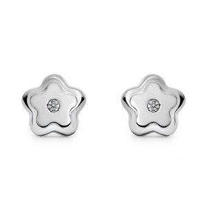 White Gold Flower Earrings Double Height Diamonds 0.02 Cts HSI2