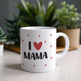  White ceramic mug with "I Love Mama" text, red heart design, mother's day gift