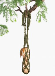  Hanging bird feeder made of woven natural materials, featuring a cylindrical shape and a decorative tag. Suitable for outdoor use to attract birds.