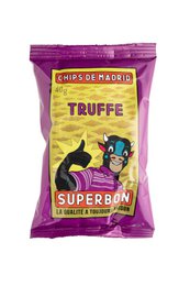 Truffle-flavored potato crisps in a vibrant purple and yellow package featuring a stylized character.