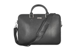Black leather laptop bag with two handles and a detachable shoulder strap. Suitable for carrying laptops up to 15 inches.