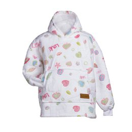 Soft, cozy blanket hoodie with colorful polka dot pattern and socks for children.