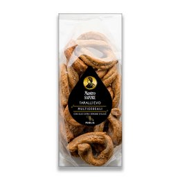 Artisanal multi-grain taralli crackers, handmade with extra virgin olive oil.