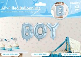 "Air-filled balloon kit for a baby boy celebration. Includes 'BOY' letter balloons in blue, plus additional decorative balloons."
