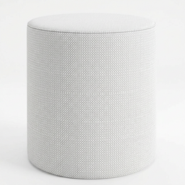 Off-white cylindrical outdoor pouf, weather-resistant textured fabric, round ottoman seating, modern minimalist design.