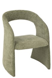  Mint green upholstered dining chair with curved backrest and armrests.