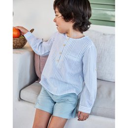  Blue and white striped button-up shirt for boys, available in sizes 3 years to 12 years. Made of soft, breathable material for comfort.