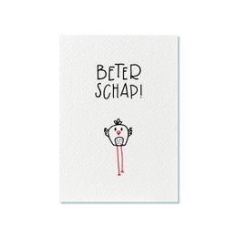 A get well card with a simple, hand-drawn illustration of a person and the text "Beter Schapi" which means "Get well" in Dutch.