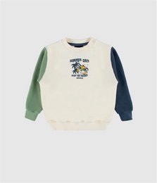  Cream sweatshirt with ice cream graphic, colorblock green and navy sleeves, kids summer style.