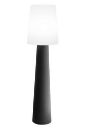 A tall, cylindrical floor lamp with a black base and a white, cylindrical shade. The lamp is available in multiple color variants, including anthracite, LED warm white, RGB LED, and solar-powered options.