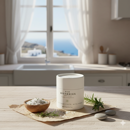  Sea salt from Crete with aromatic herbs, packaged in a white container with a label.