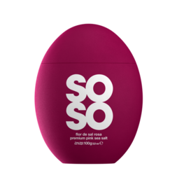  A pink oval-shaped salt shaker with the text "SOSO" printed in white.