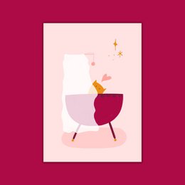 A greeting card featuring a simple, abstract illustration of a baby crib or cradle in pink and blue color variants.