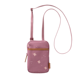  A small, pink phone holder with a strap, featuring a butterfly pattern.
