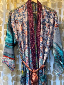 Zijden patchwork kimono badjas – blauwe mix