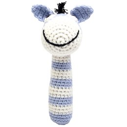 A crocheted baby rattle in the shape of a donkey with light blue and white stripes. The rattle has a black bow on top and is designed for infants and toddlers.