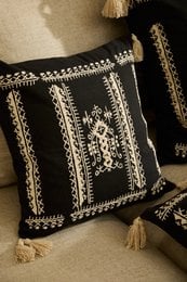 "Square dark gray black cushion cover with cream embroidery geometric pattern tassels"
