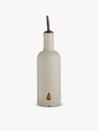  Warm clay ceramic oil bottle with gold drop detail, tall cylindrical shape, black pourer spout