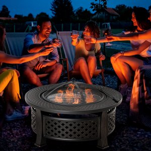 Fire bowl with poker spark protection fire basket fire table round fire pit for garden camping BBQ steel black 81 x 81 x 50 cm