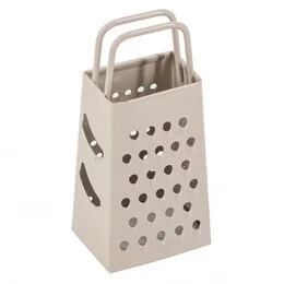 A small, taupe-colored grater with a perforated design and a handle for easy grating. The grater is shown on a plate with a piece of cheese, likely for grating.