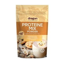 Organic protein mix powder from Dragon Superfoods, containing 200g. Blend of plant-based proteins including pea, hemp, and rice. Suitable for vegetarians and vegans.