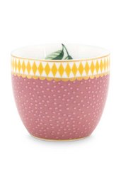 Egg cup in pink color with yellow diamond pattern and green leaf detail. Ceramic material, round shape, suitable for serving boiled eggs.