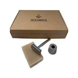 Anthracite-colored safety razor in a gift box from the Oceonics brand, designed for hair removal.