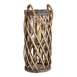  A wooden and glass lantern with a woven design, measuring 18x40x18cm.