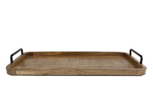 Dienblad handvat zwart metaal L naturel hout 60x33x25cm