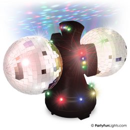 Rotating disco lamp with double mirror balls and LED lights, creating a colorful and vibrant party atmosphere.