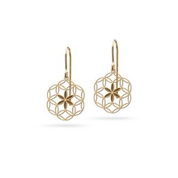 Geometric bronze earrings with floral accents, available in gold-bronze and rosé-bronze finishes.