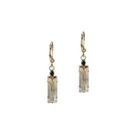  Elegant gold-tone drop earrings with long, faceted crystal pendants in a classic teardrop shape. The earrings feature a sophisticated and timeless design suitable for formal or casual wear.