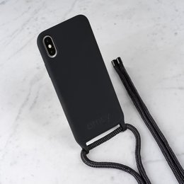 Black phone case with black cord strap. Durable, minimalist design suitable for iPhone 11, 11 Pro, 12 mini, 7/8/SE 2020, X/XS Max, XR, X/XS, 12/12 Pro.