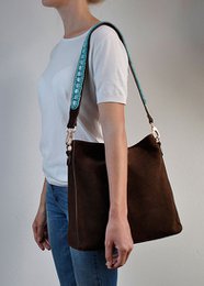 SAC BOHO IBIZA - Bandoulière aigue-marine (70cm) + Sac en daim (Cacao)