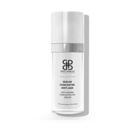 A concentrated anti-aging serum in a white bottle with a silver cap. The product is designed to reduce the appearance of fine lines and wrinkles for a more youthful complexion.