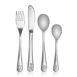 Stainless steel cutlery set, 4 pieces, designed for kids. Includes fork, knife, spoon, and teaspoon. Durable and safe for young children.