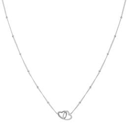 Silver and gold necklace with two intertwined heart charms.