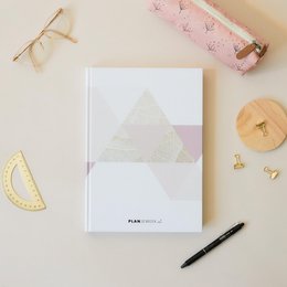 A low-incentive, undated weekly planner with a minimalist, geometric design in shades of white, pink, and gray. The planner features a simple, symmetrical pattern that could be suitable for organizing daily or weekly tasks and schedules.