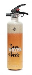 A white fire extinguisher with an orange label that says "Save Water Beer". The extinguisher has a black nozzle and appears to be a decorative or novelty item rather than a functional fire safety device.