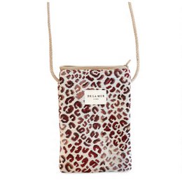  Leopard print phone bag with adjustable strap and zipper closure. Compact and stylish design for carrying your phone and other small essentials.